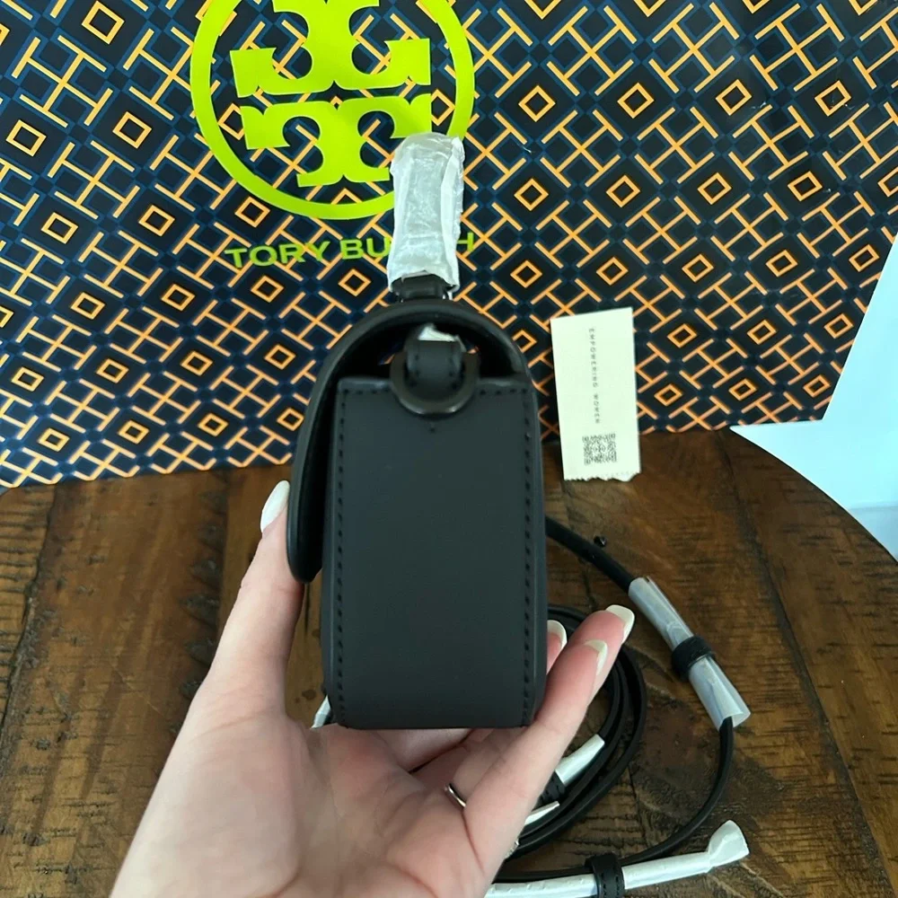 Tory Burch Britten Matte Mini Top Handle Crossbody Bag Black Silver - Picture 3 of 15